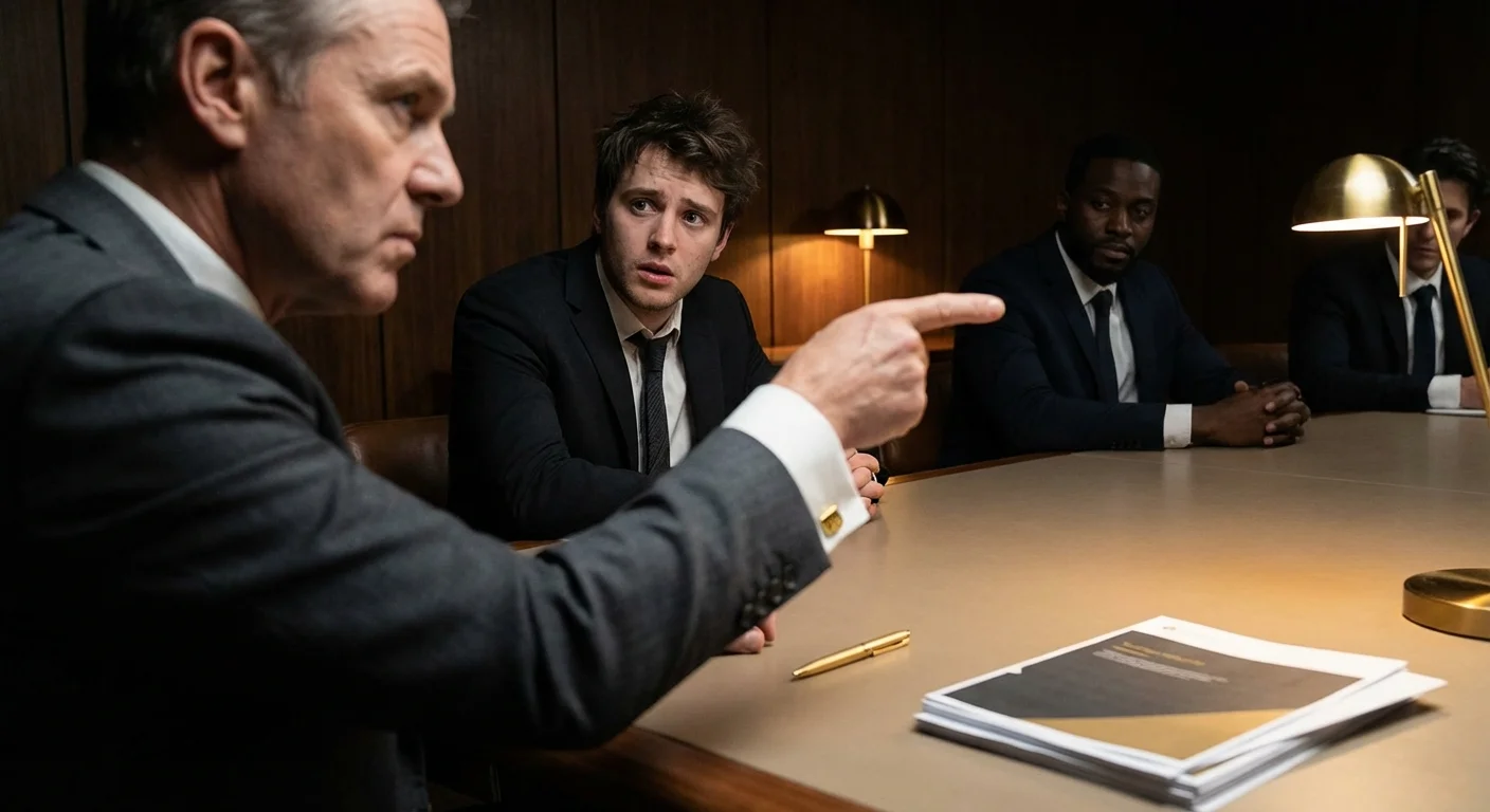 A boss pointing blame at a stressed employee during a corporate meeting.