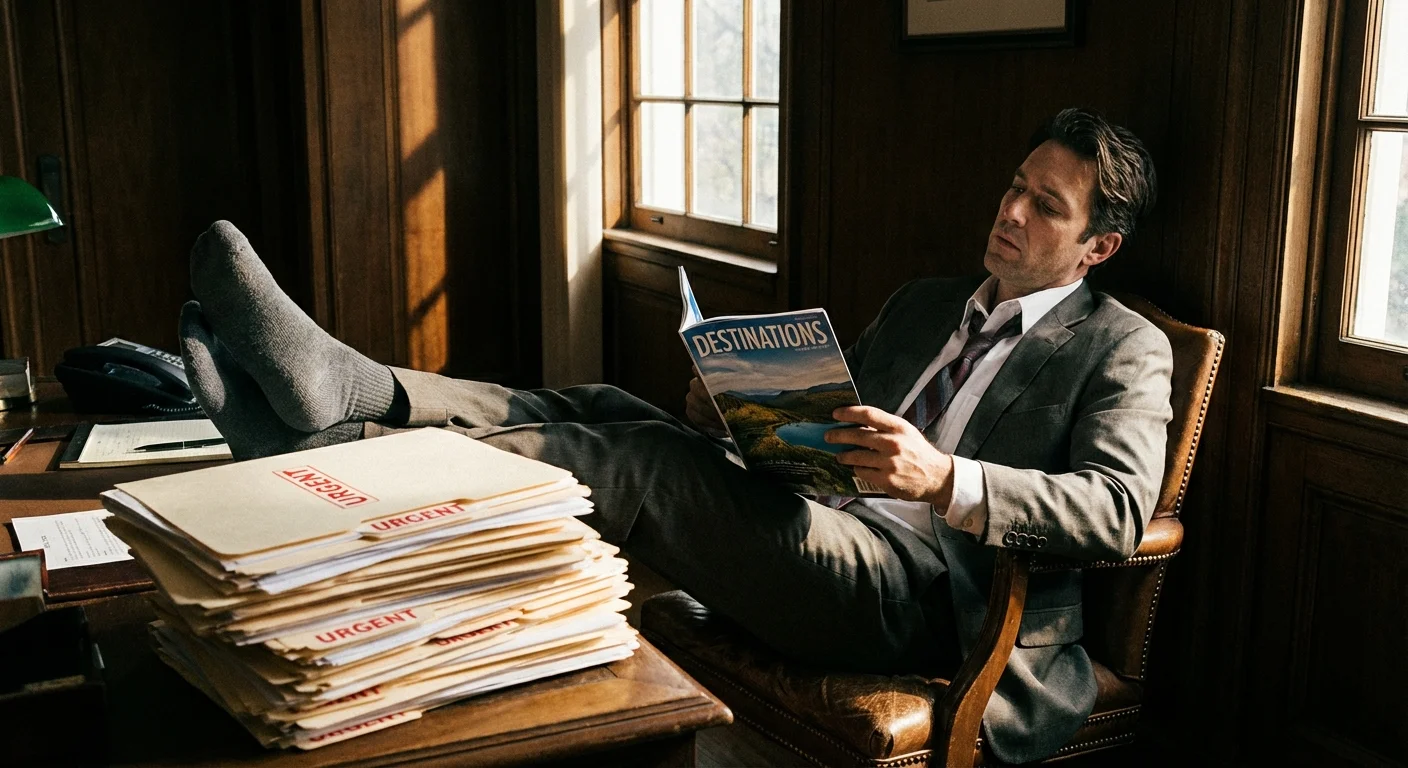 A boss relaxing with a magazine while urgent work folders pile up on the desk.