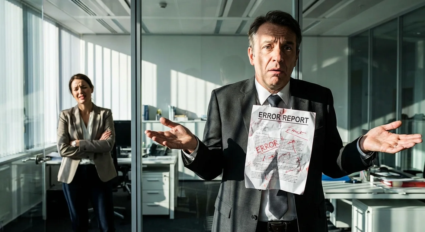 A boss shrugging at a poor quality report while a coworker looks frustrated.