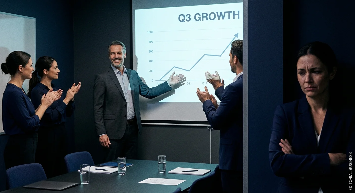 A boss taking credit for a presentation while the actual creator watches from the side.