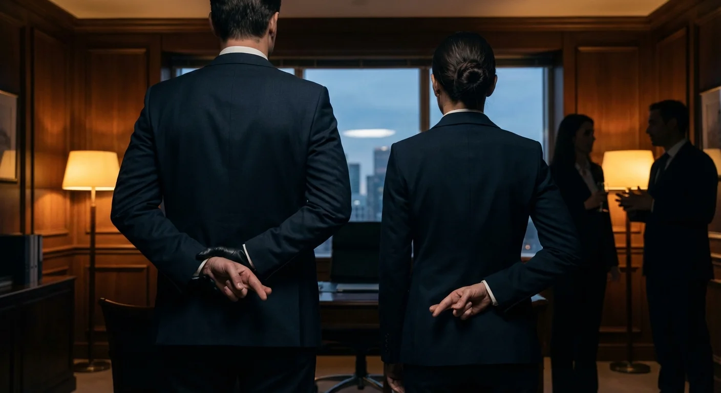 A boss talking to an employee while hiding crossed fingers behind their back.