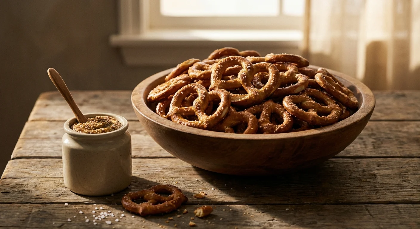 A bowl of pretzels and a jar of mustard on a table.