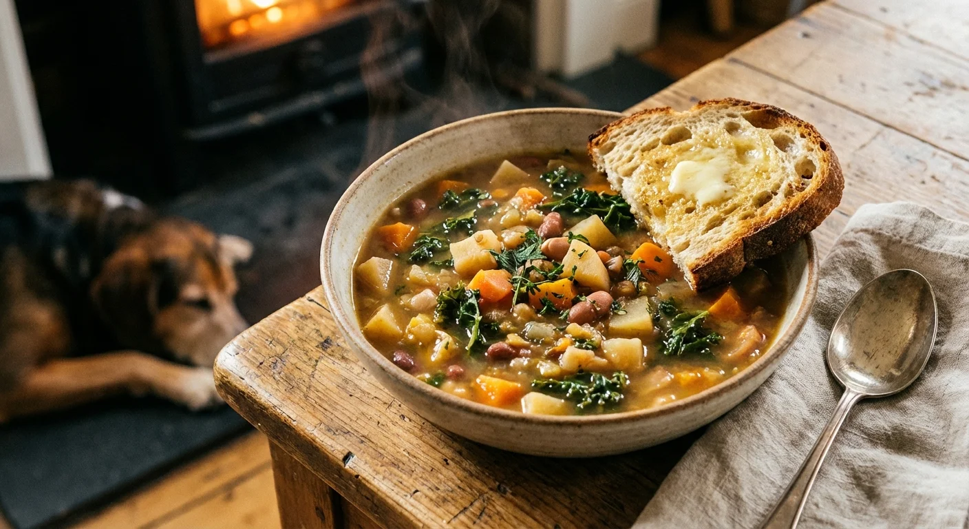 A bowl of vegetable soup and crusty bread on a wooden table.