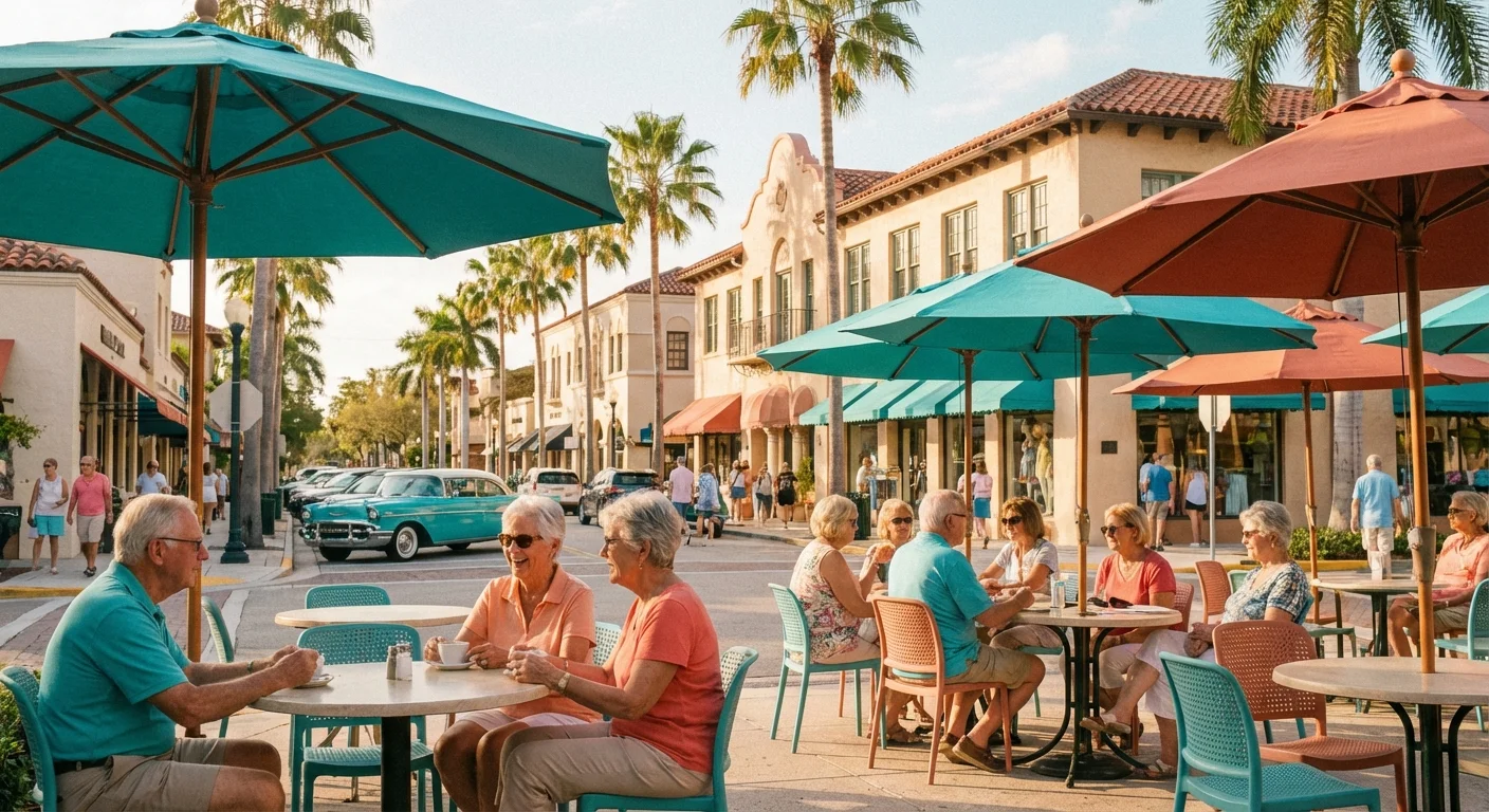 A bright and airy Florida city plaza with palm trees and seniors enjoying an outdoor cafe setting.