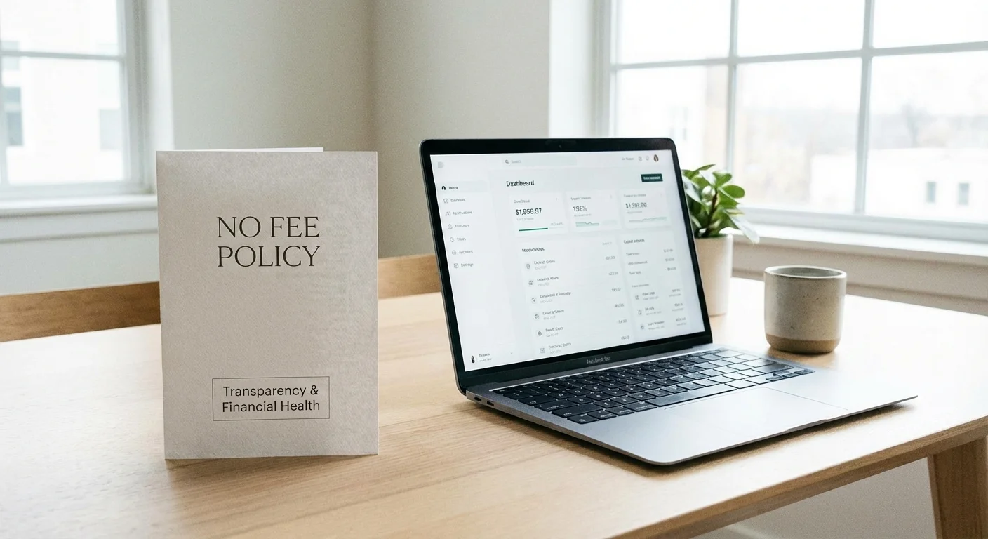 A brochure about fee-free banking on a desk, representing cost-cutting.