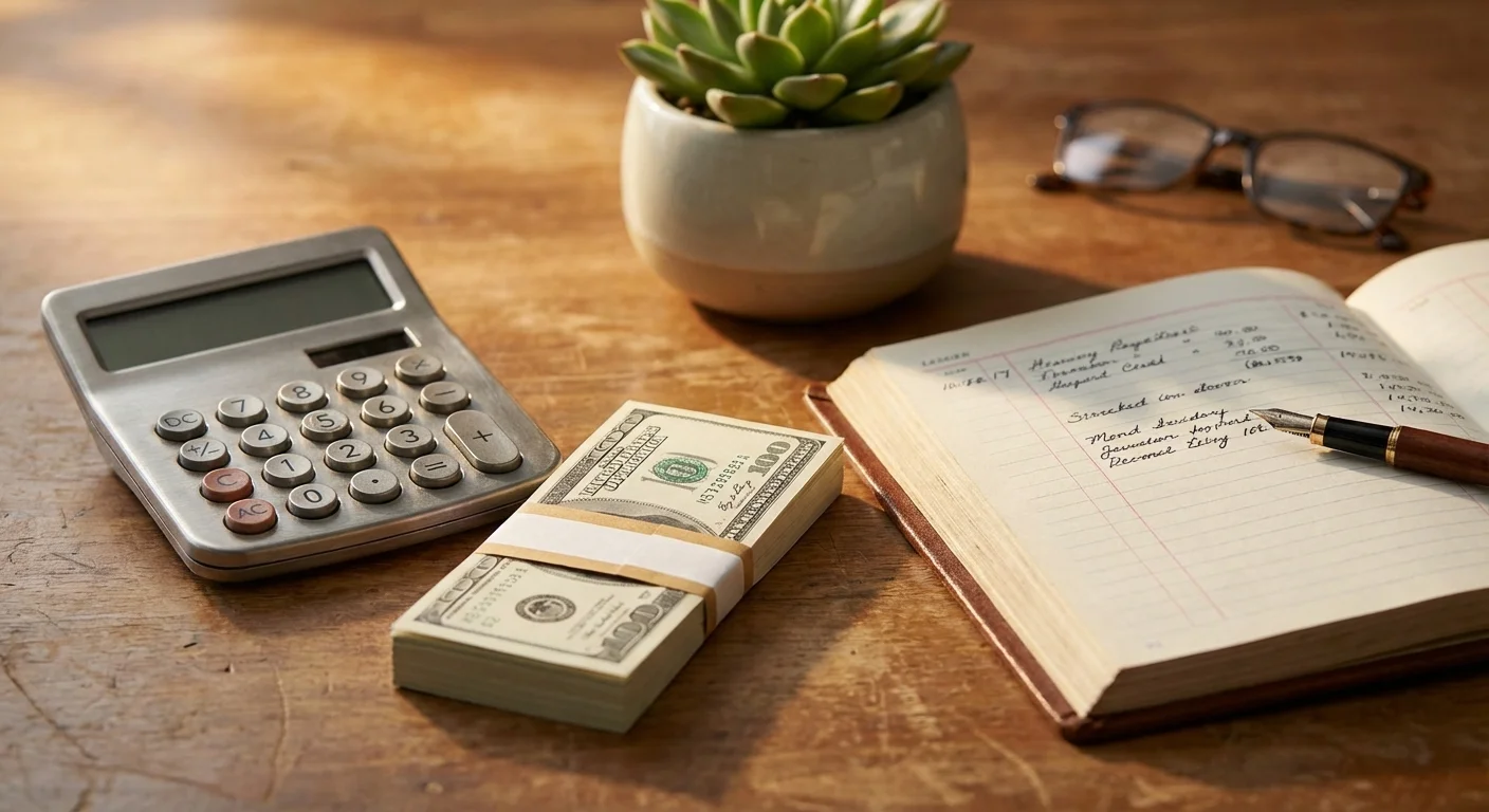 A calculator, money, and a ledger representing disciplined financial tracking.