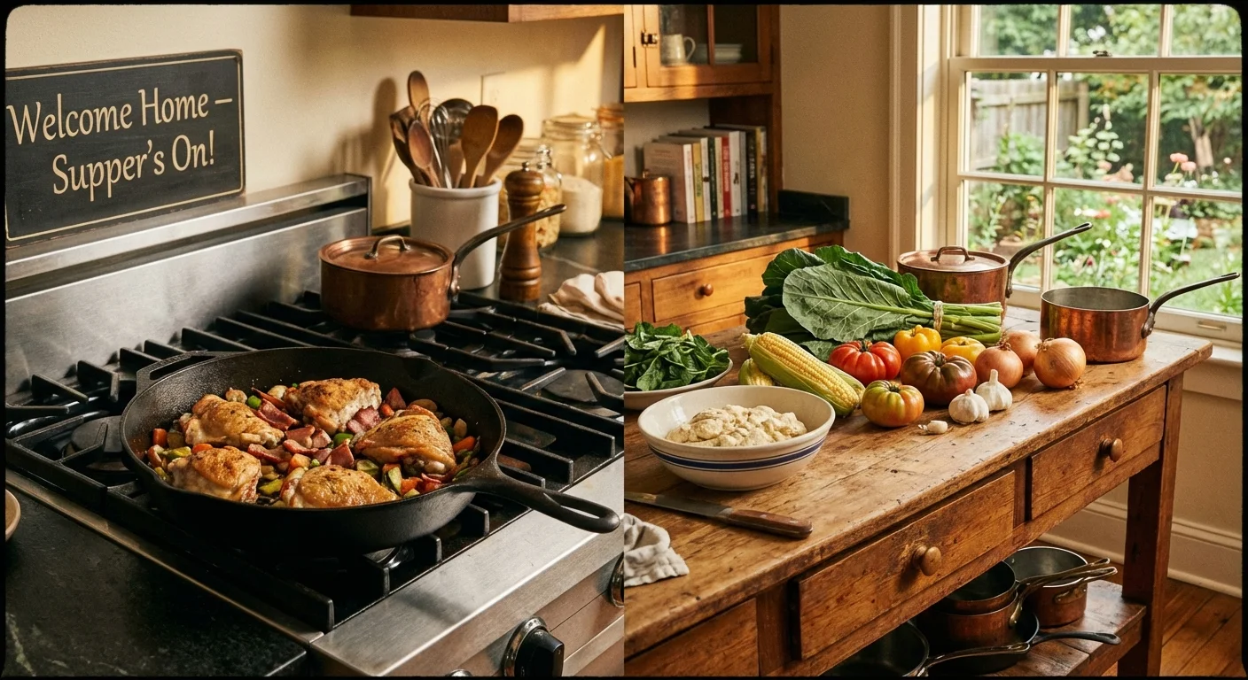 A cast iron skillet on a stove in a warm, inviting kitchen.