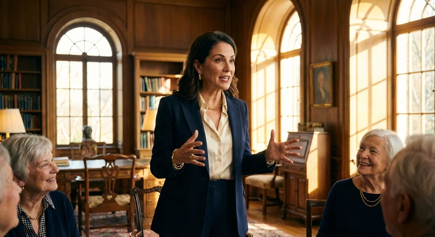 A charismatic female speaker using persuasive hand gestures during a presentation to seniors.