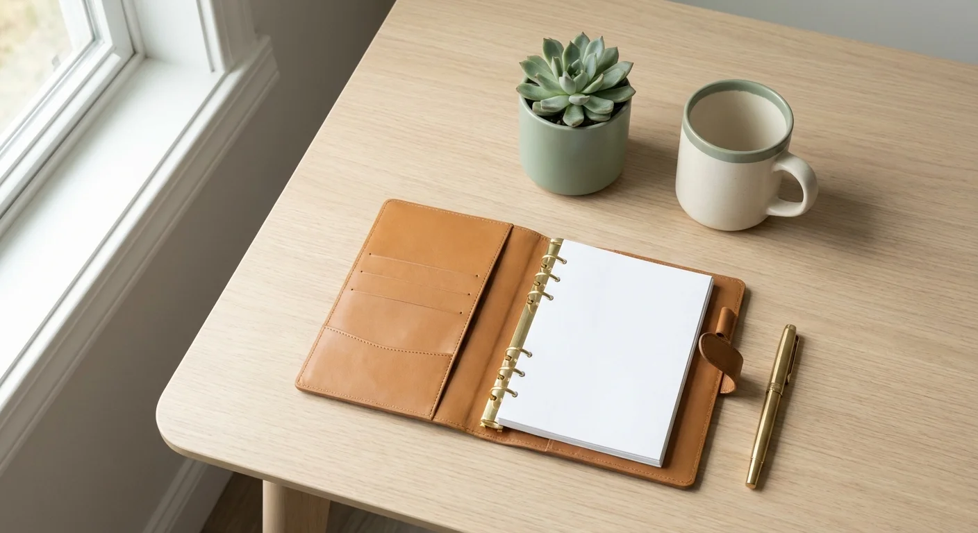 A clean, organized desk with a planner and office supplies in soft natural light.