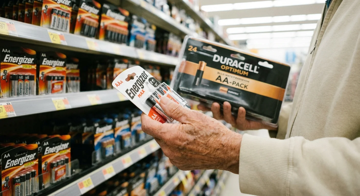 A close-up of a hand holding a pack of batteries in a store.