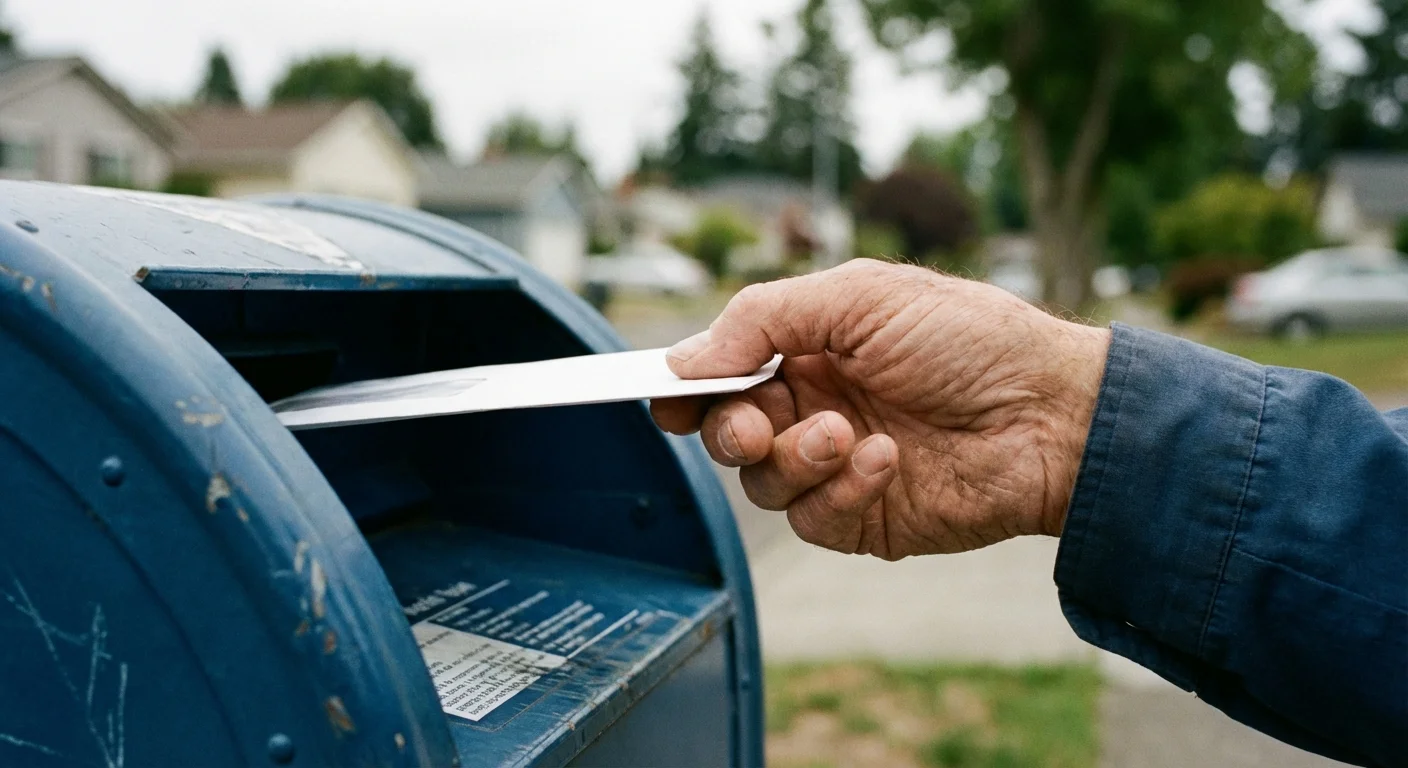 A close-up of a hand pausing before mailing an envelope.