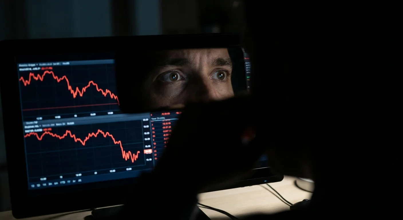 A close-up of a manager's anxious eyes reflected in a computer screen.