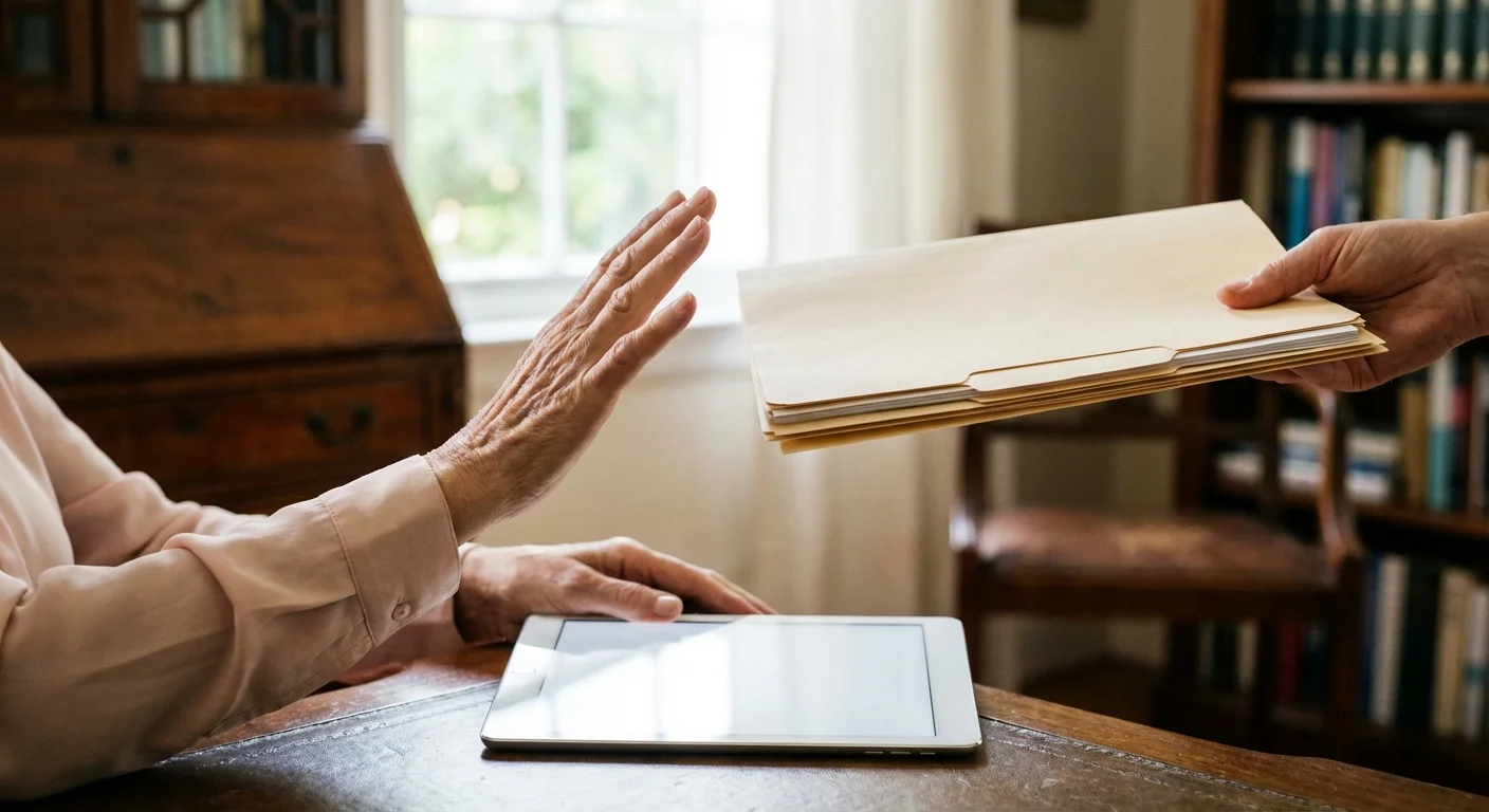 A close-up of a senior professional setting a boundary by declining extra paperwork.