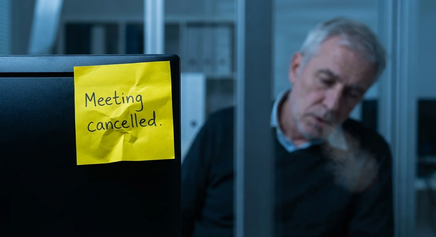 A close-up of a sticky note on a computer with a stressed worker in the background.