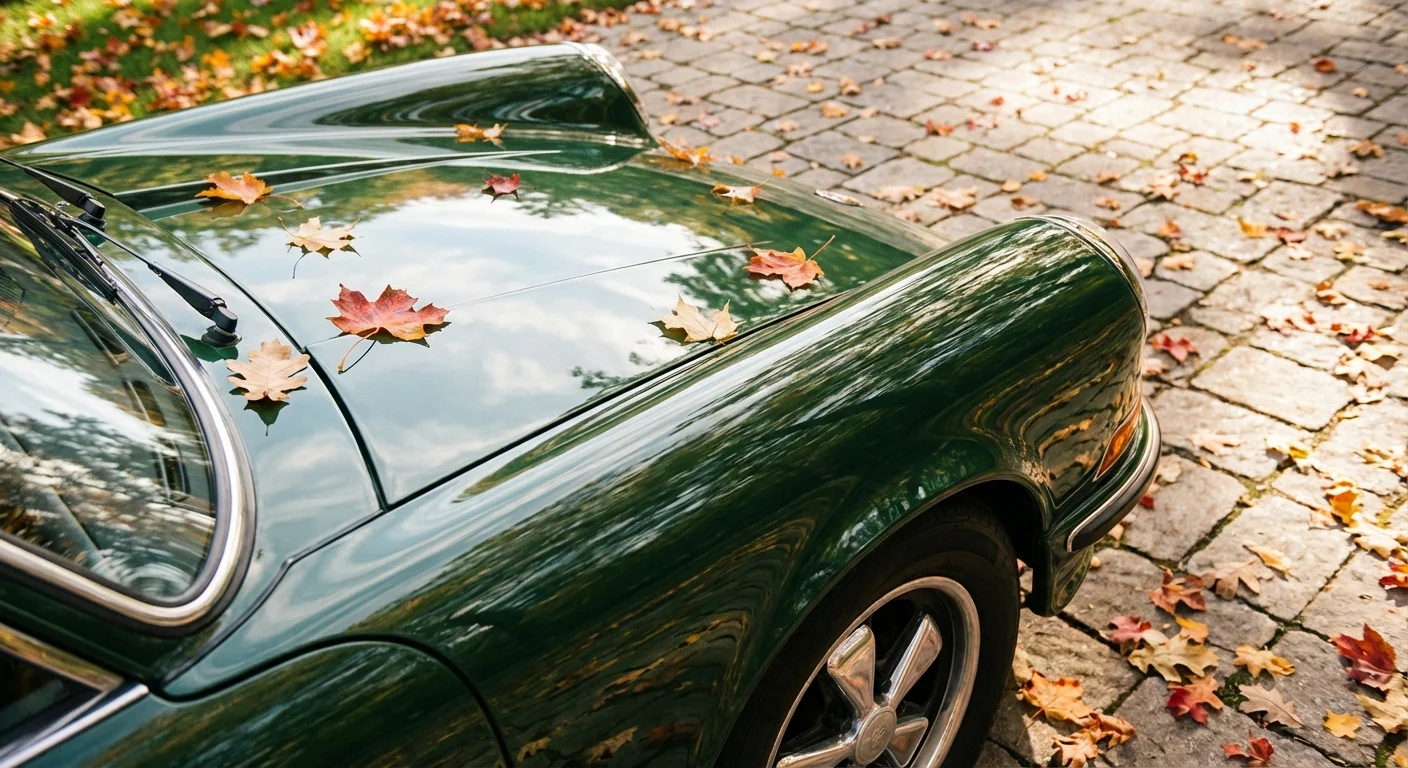 A close-up of a well-maintained car in a scenic driveway, reflecting a clear sky.