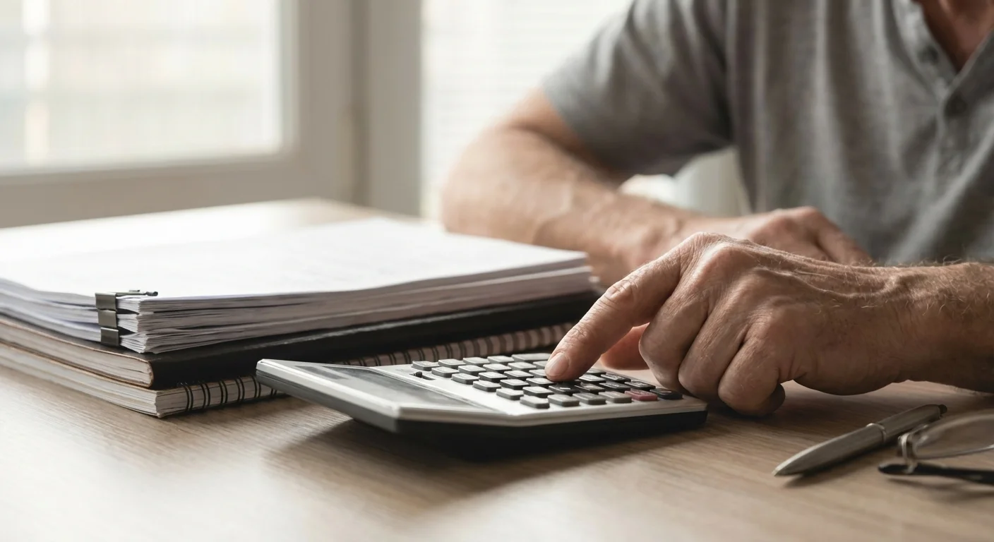 A close-up of hands using a calculator and organized paperwork on a desk.