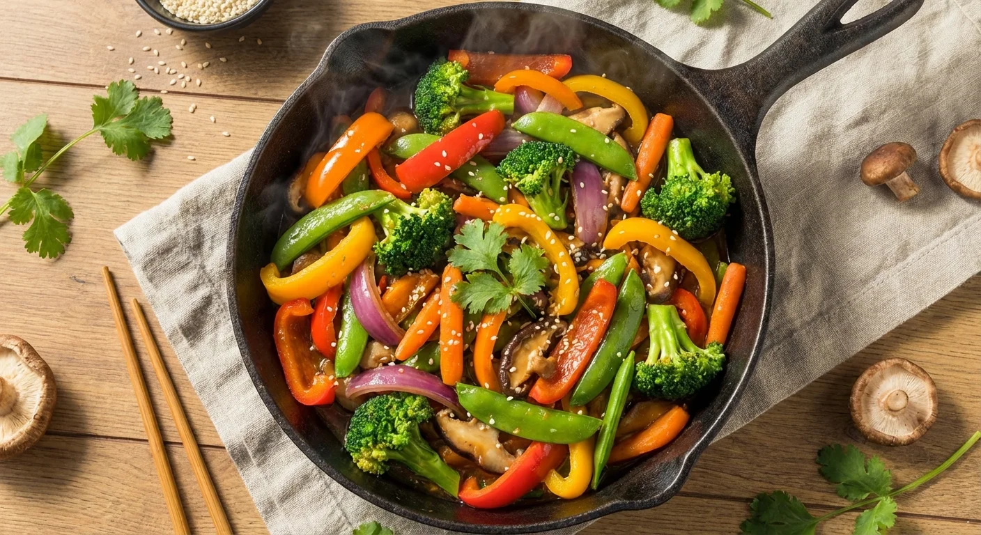 A colorful vegetable stir-fry in a cast iron pan.