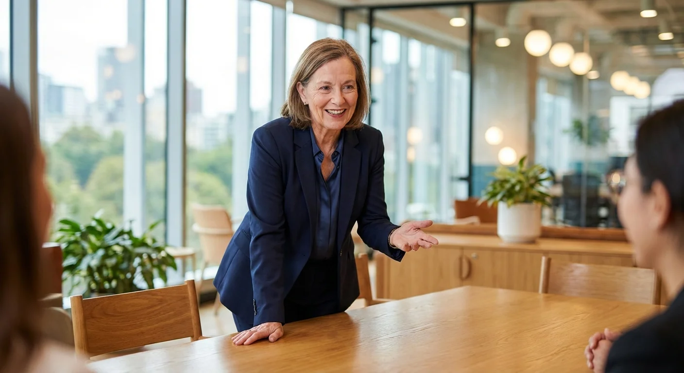 A confident senior woman in a professional setting having a conversation.