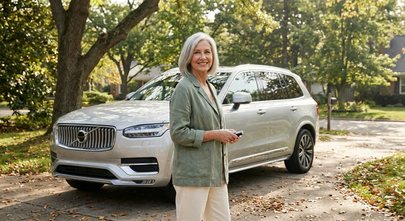 A confident senior woman standing next to her car in a suburban driveway.