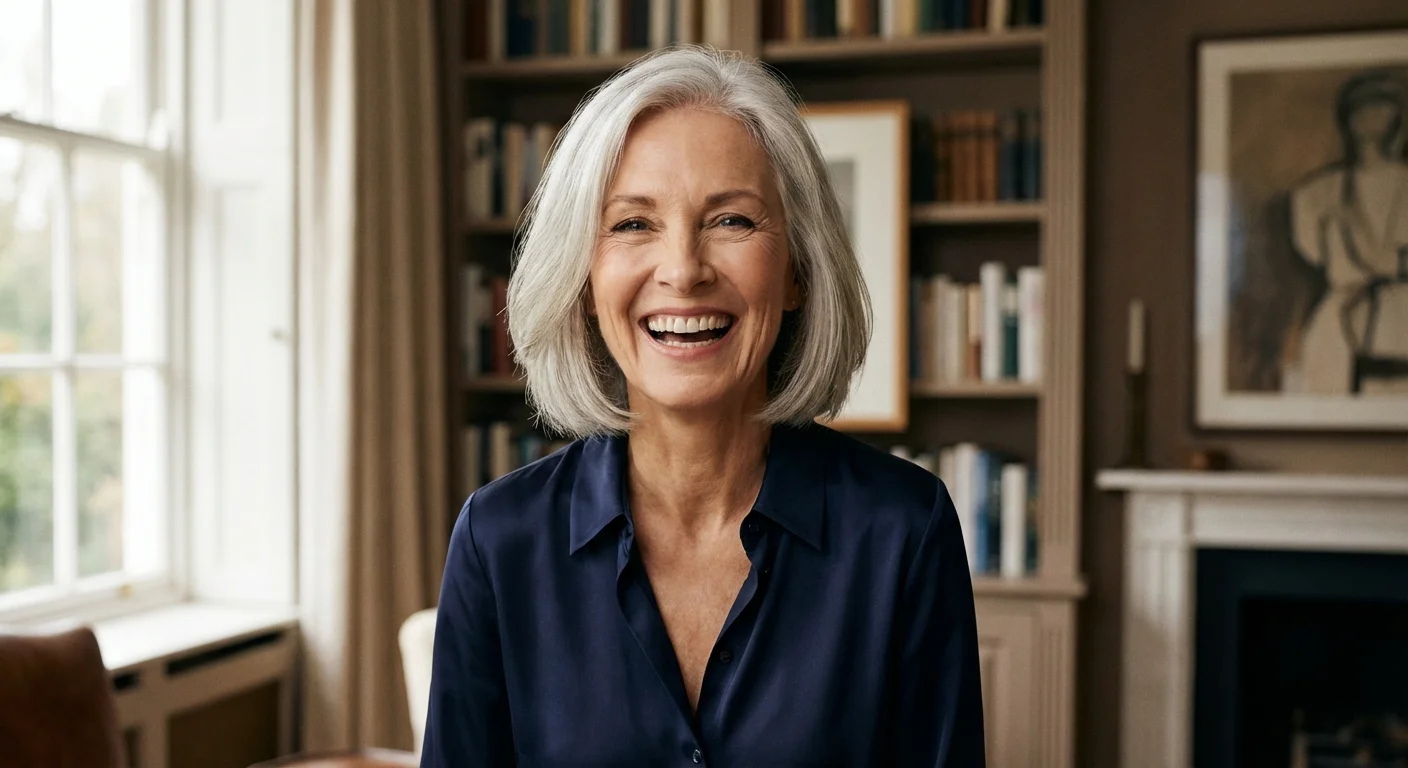 A confident, stylish older woman looking radiantly into the camera in a modern home.