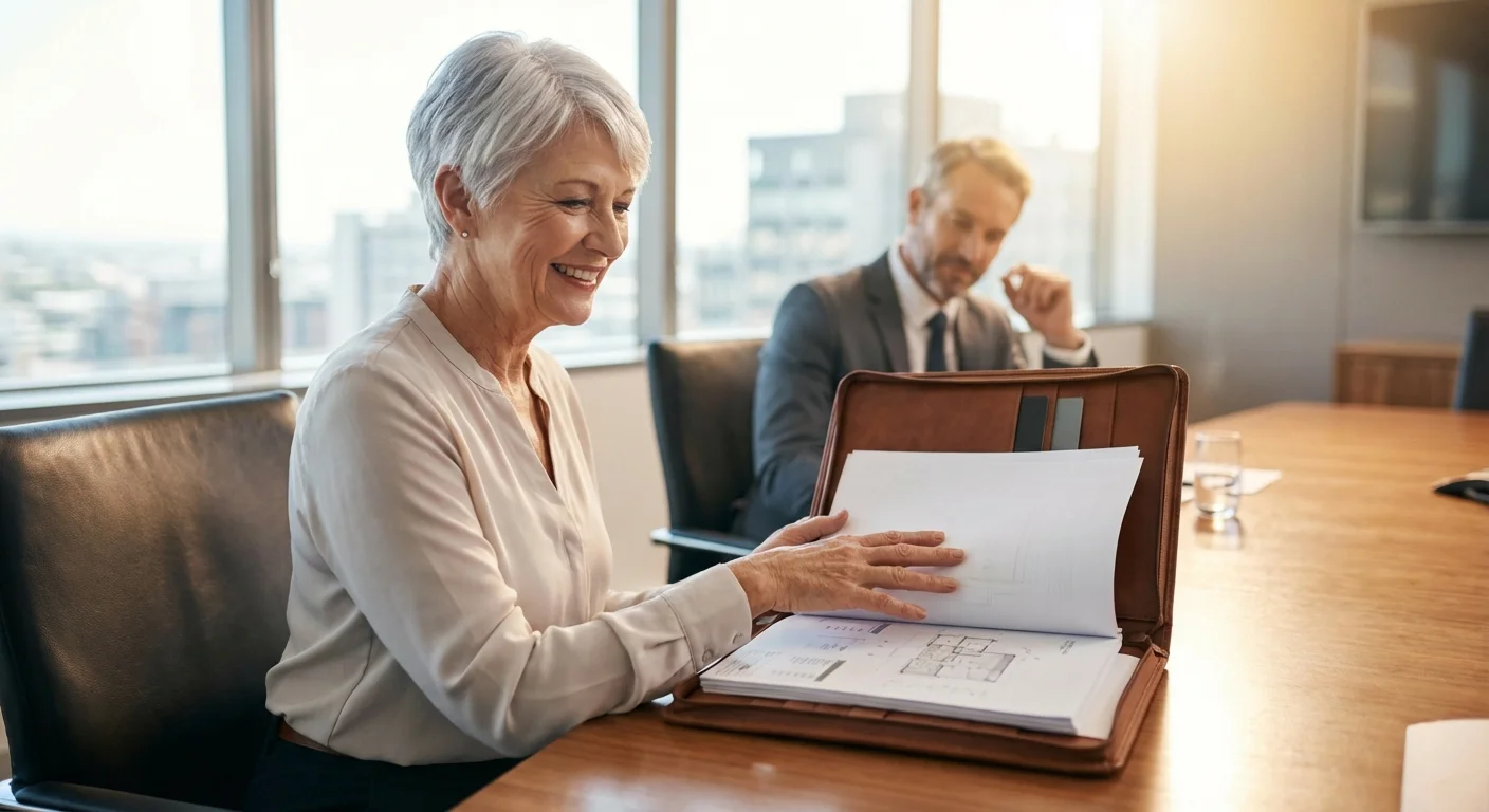 A confident woman in a professional meeting asking for a salary increase.