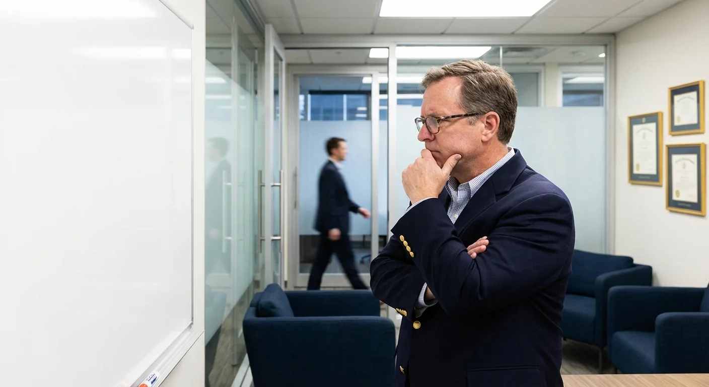 A confused employee looking at a blank whiteboard while their boss walks away in the background.