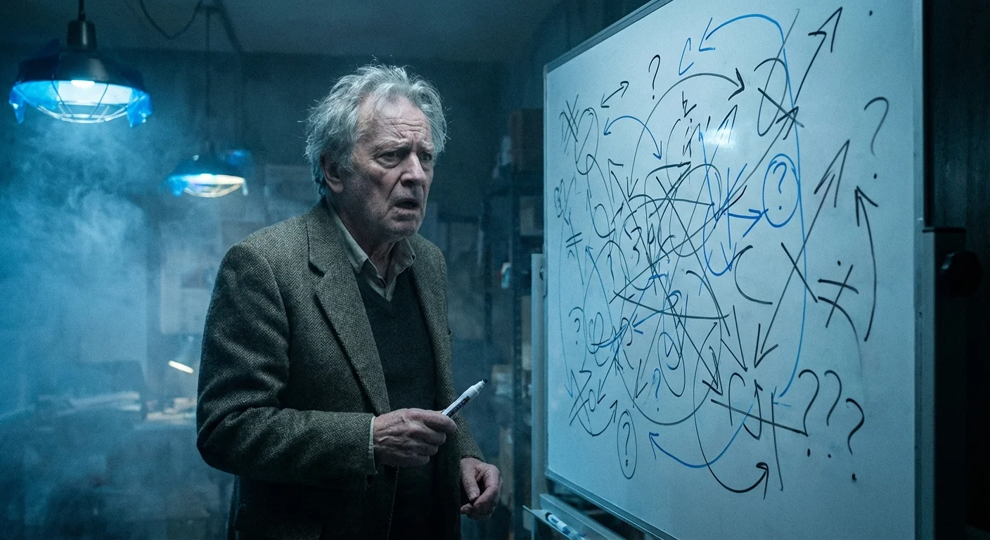 A confused employee looking at a whiteboard full of chaotic scribbles.