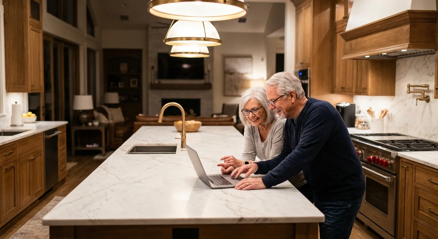 A couple discussing mortgage rates on a laptop in a modern kitchen.