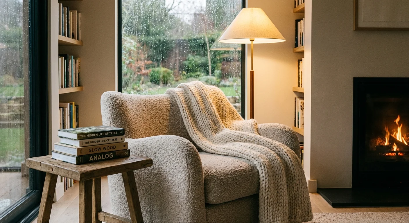 A cozy reading nook with a stack of books and a warm blanket.