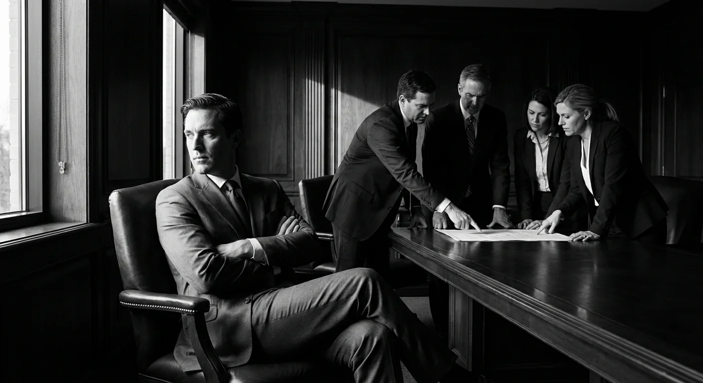 A defensive boss with arms crossed, refusing to look at a document presented by colleagues.
