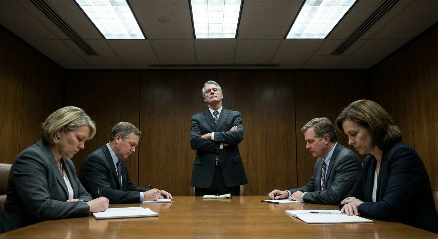 A defiant boss standing at a meeting while employees look away.