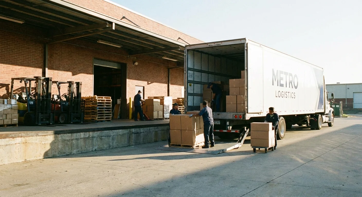 A delivery truck unloading boxes at a retail loading dock.