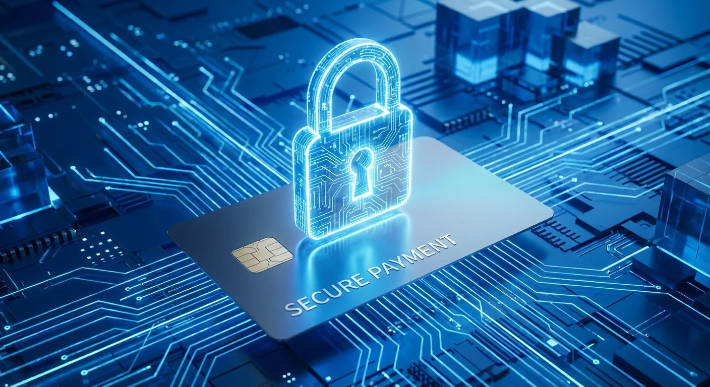 A digital lock over a credit card, representing online payment security.