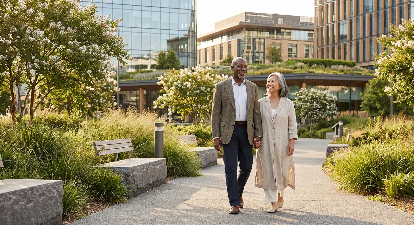 A diverse senior couple walking through a lush, modern urban park during a sunny afternoon.