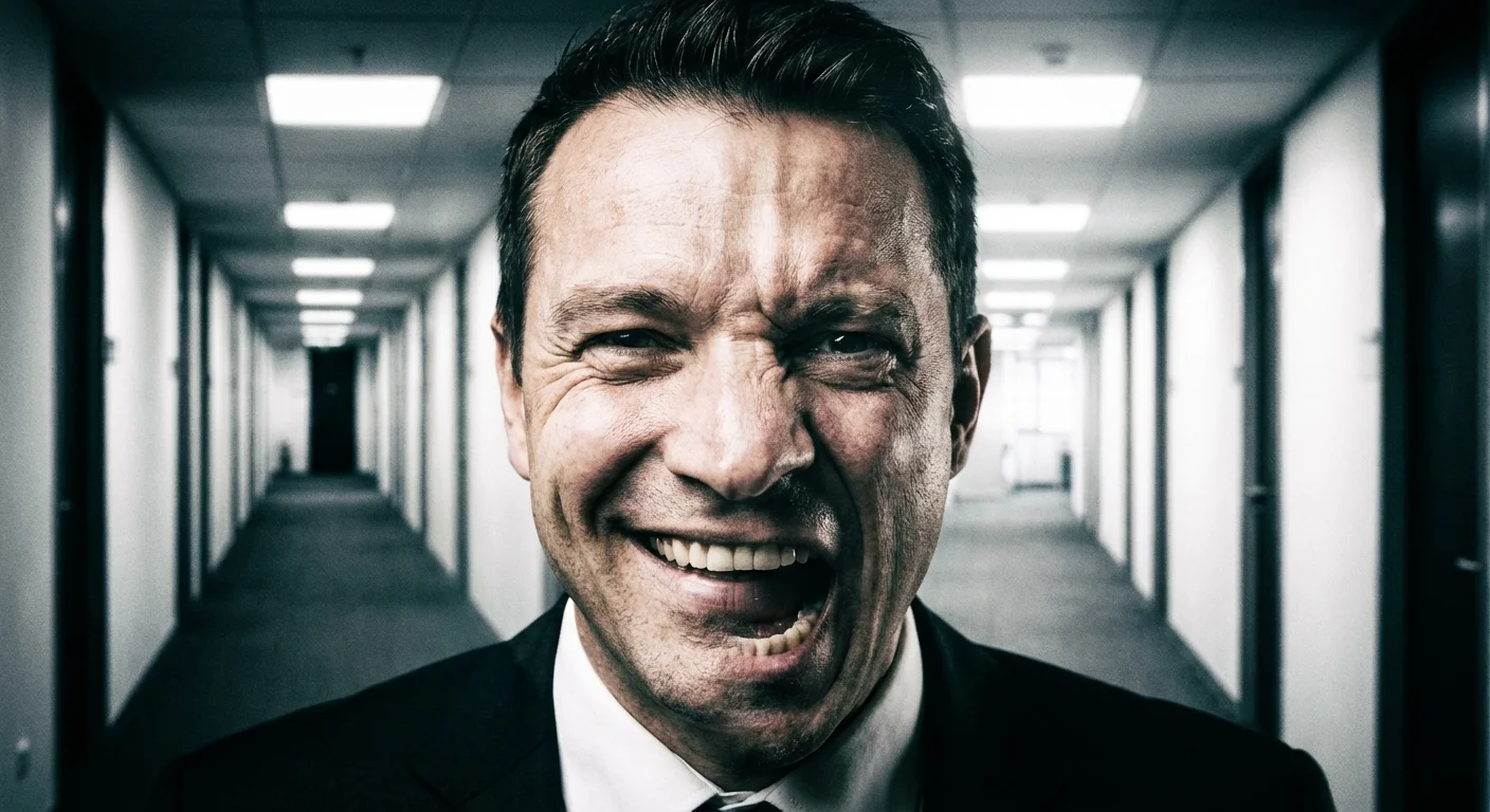 A double exposure showing two different angry and happy expressions of a boss.