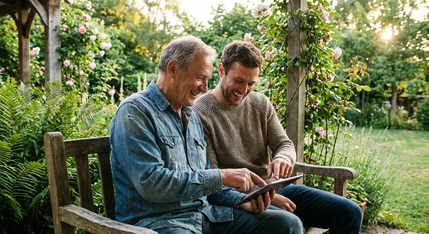 A father and son looking at a tablet together outdoors in soft light.