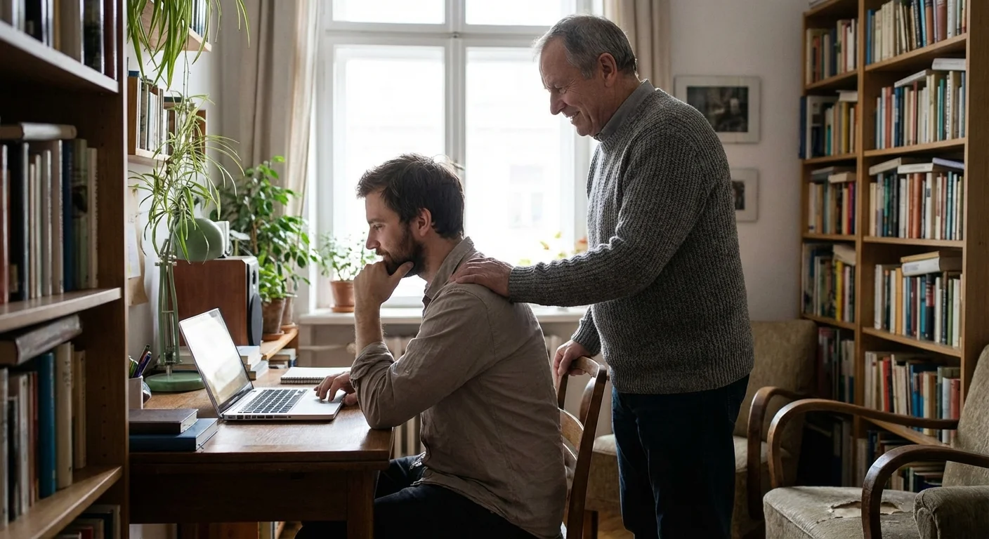 A father offering silent support to his adult son working on a laptop at home.