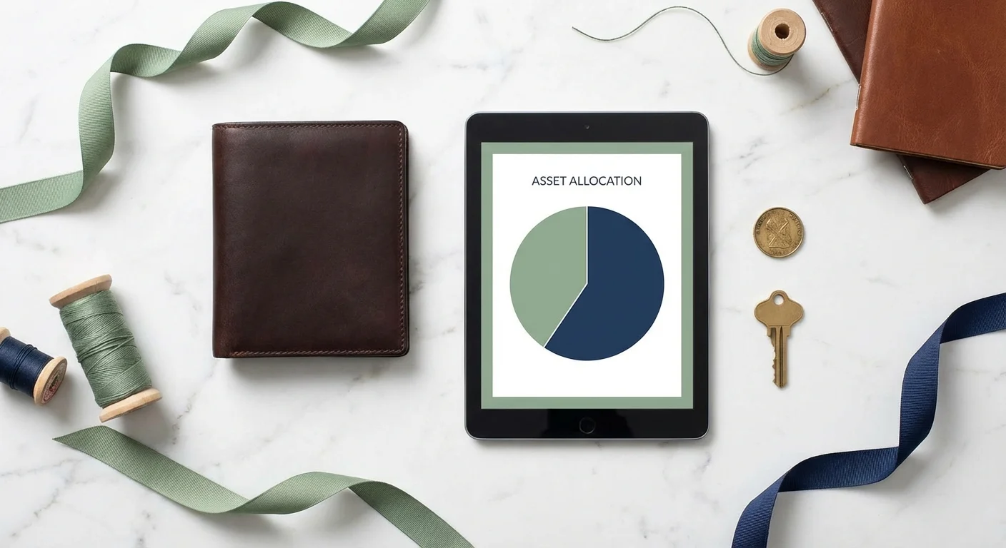 A flat lay of a wallet, tablet, and keys representing a diversified financial portfolio.