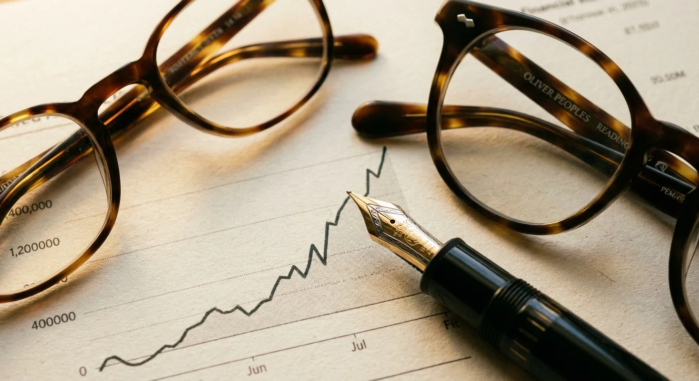 A fountain pen and reading glasses on a financial document showing investment growth.