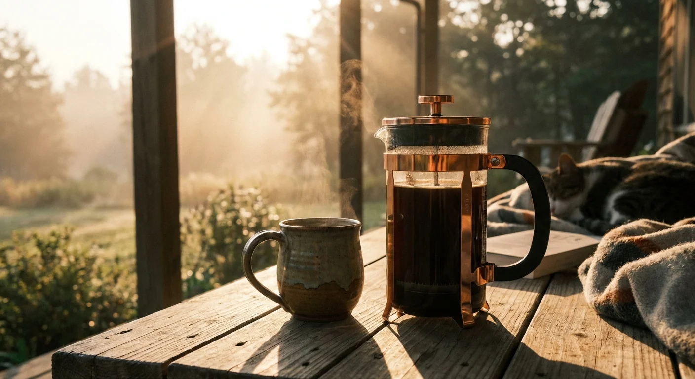 A French press and coffee mug on a porch at sunrise.