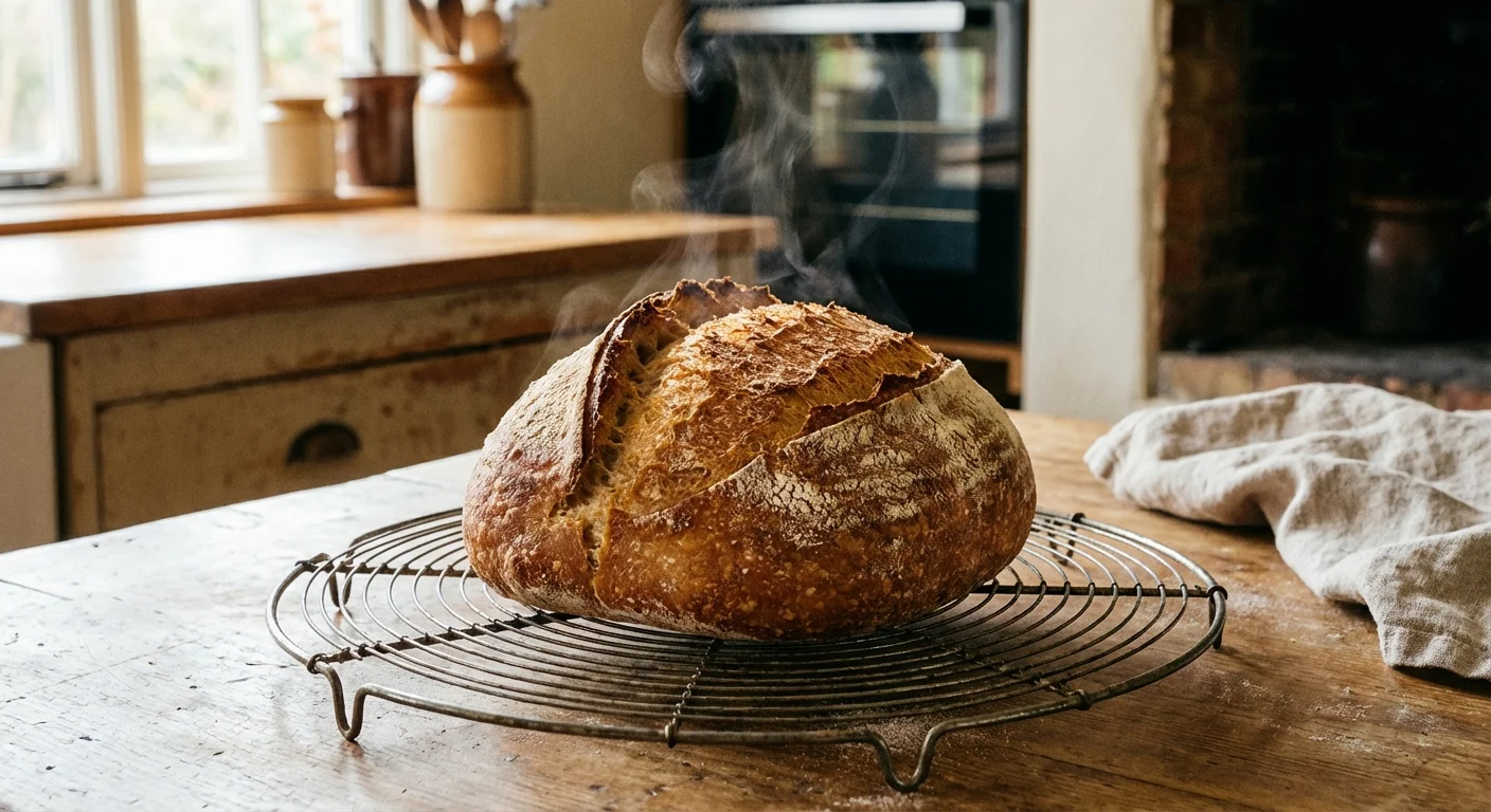 A fresh loaf of bread cooling on a wire rack.