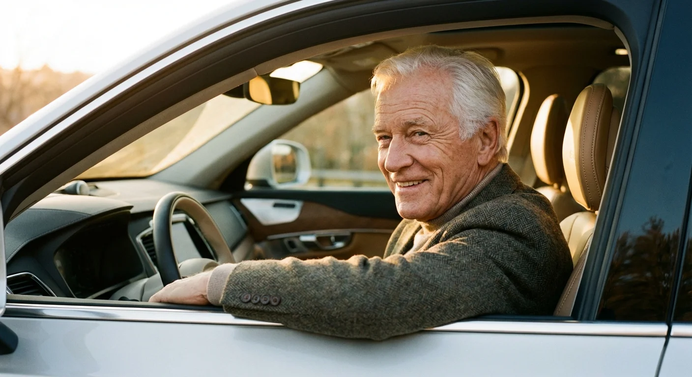 A friendly senior man smiling from the driver's seat of a car.