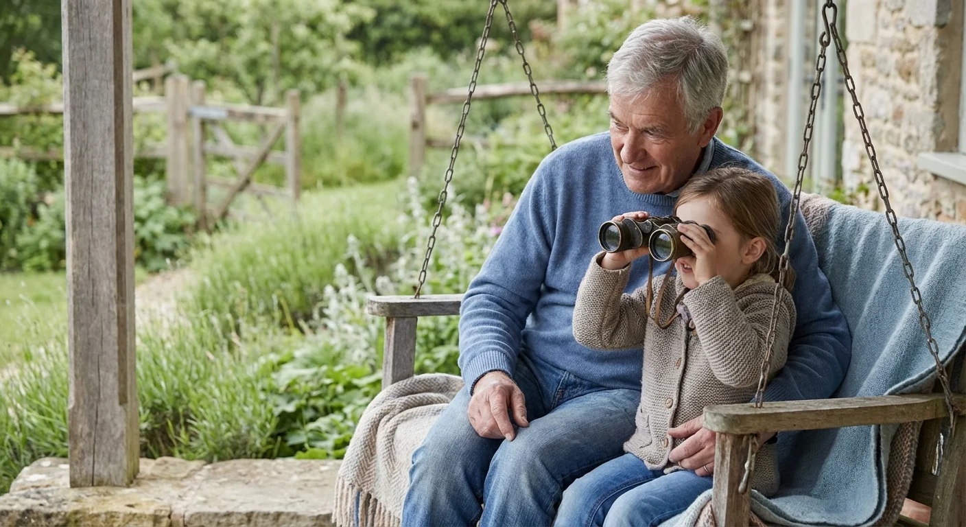 A grandfather and his granddaughter sit peacefully on a porch swing, looking through binoculars together.