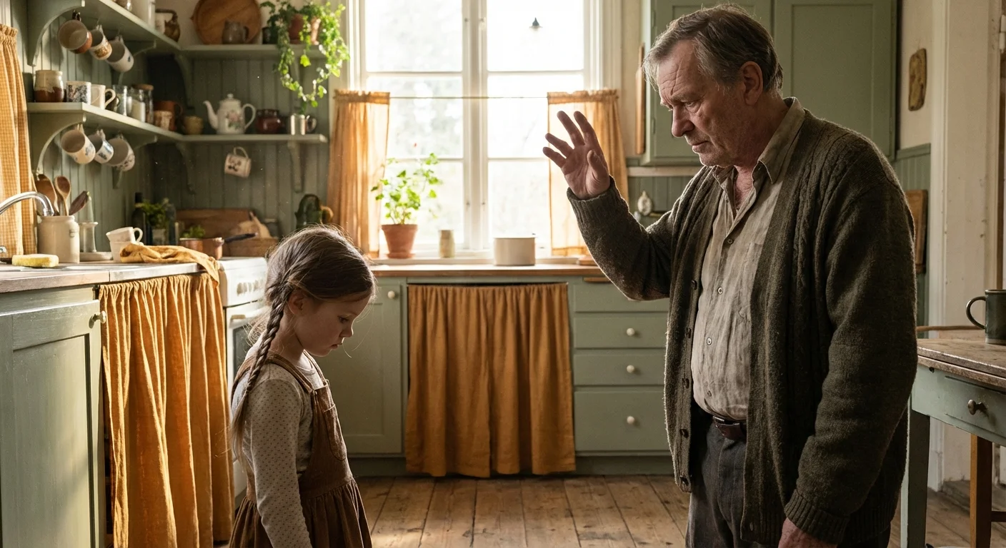 A grandfather and young granddaughter in a kitchen, capturing a somber moment of communication.