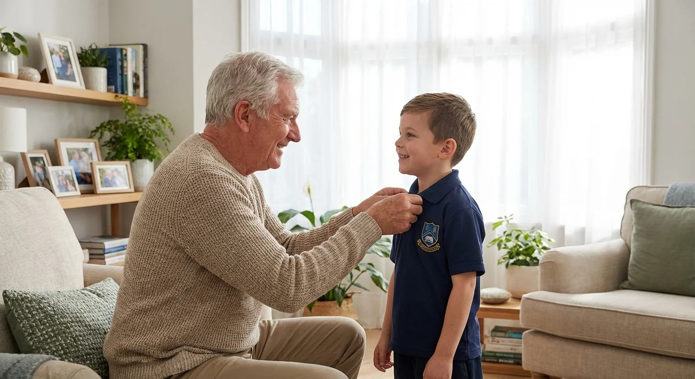 A grandfather helping his grandson with a school uniform polo shirt.