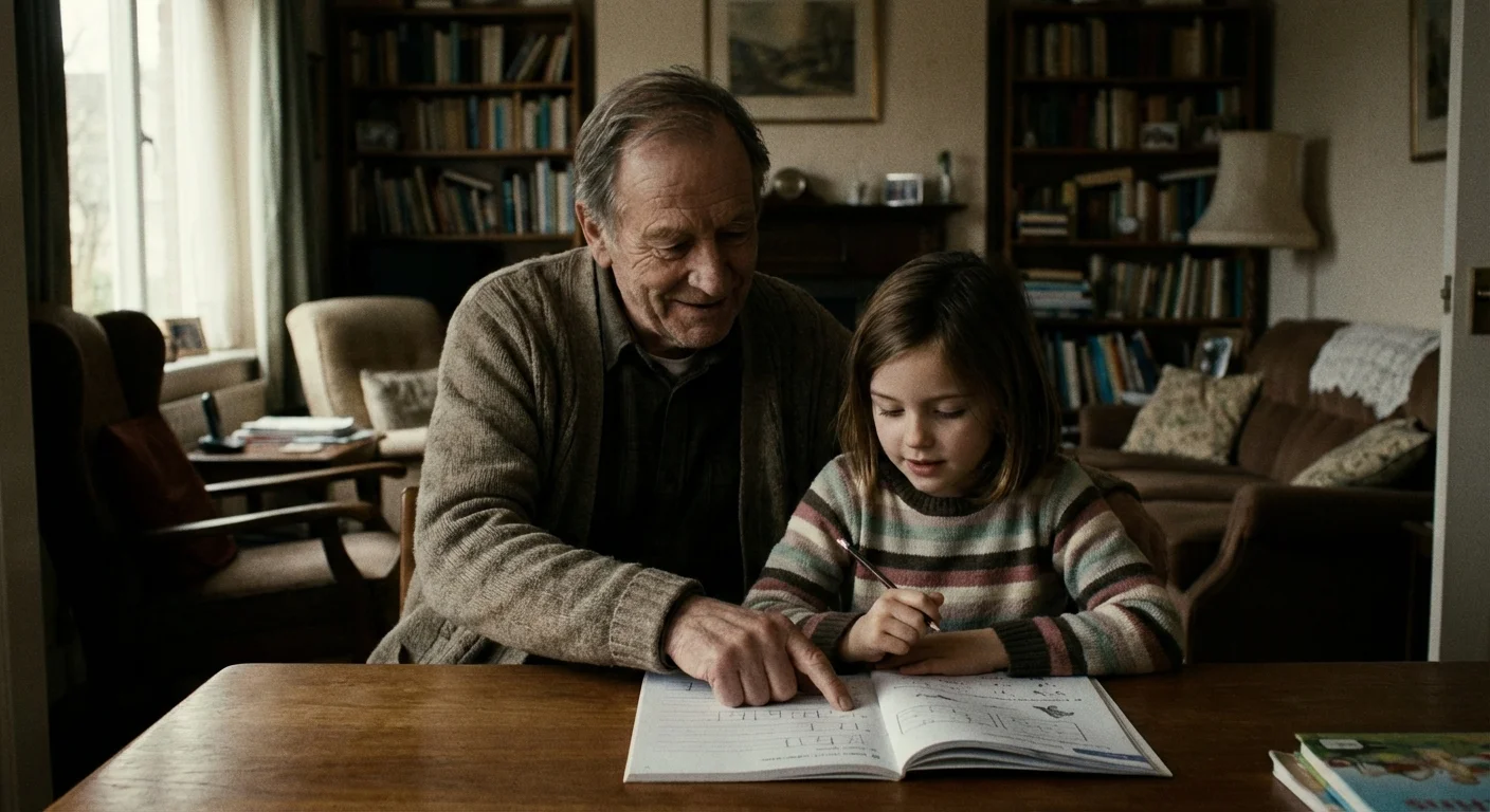 A grandfather patiently helping his granddaughter with her schoolwork in a cozy, softly lit living room.