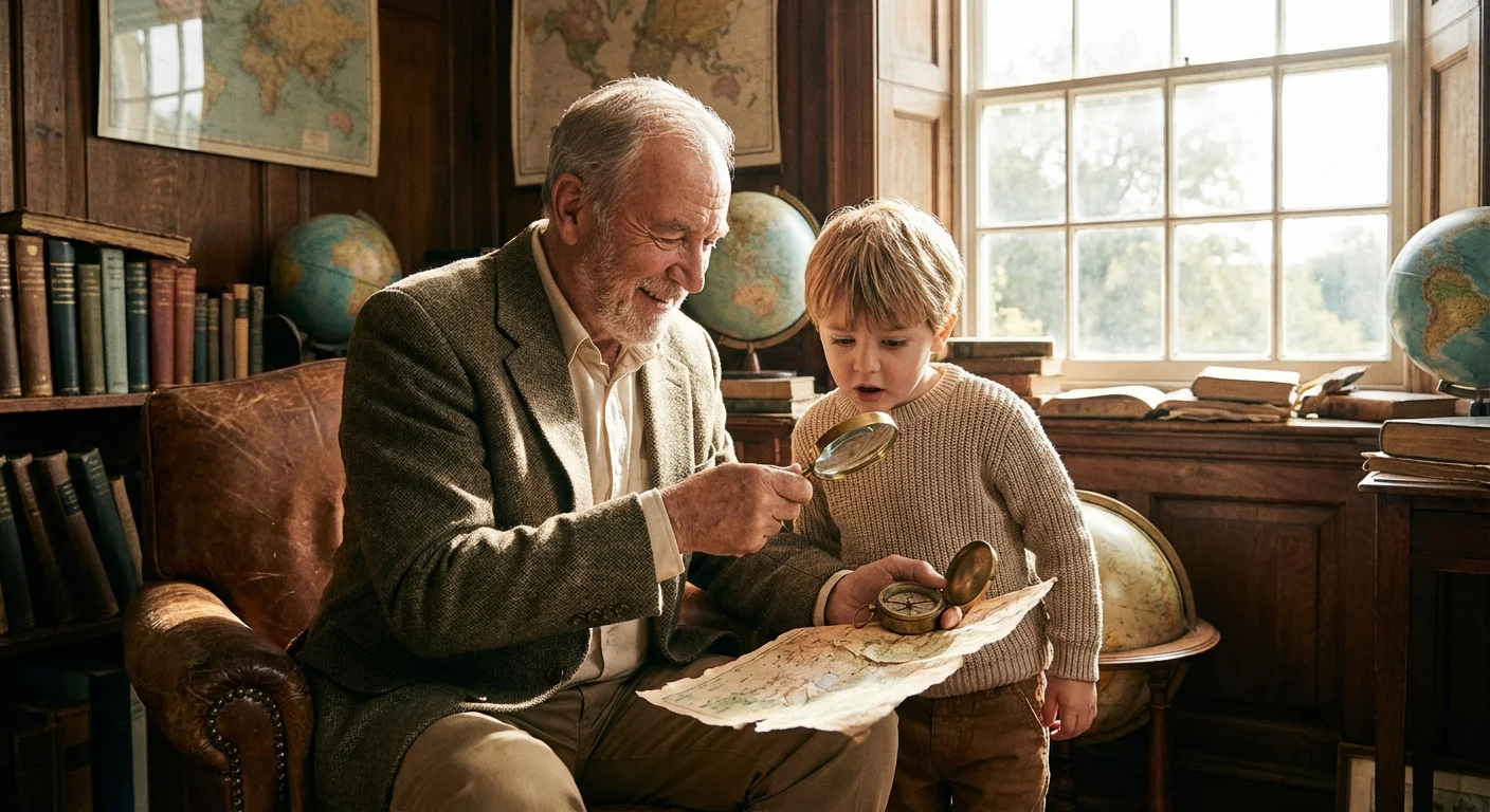 A grandfather showing his grandson a compass in a sunlit room, symbolizing guidance.