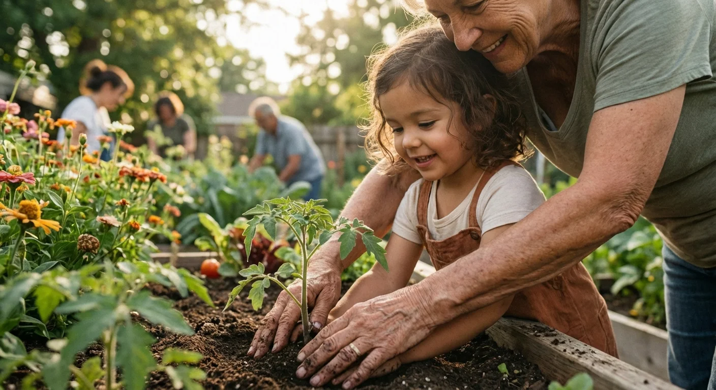A grandmother and child working together in a garden, focusing on their hands planting a seedling.