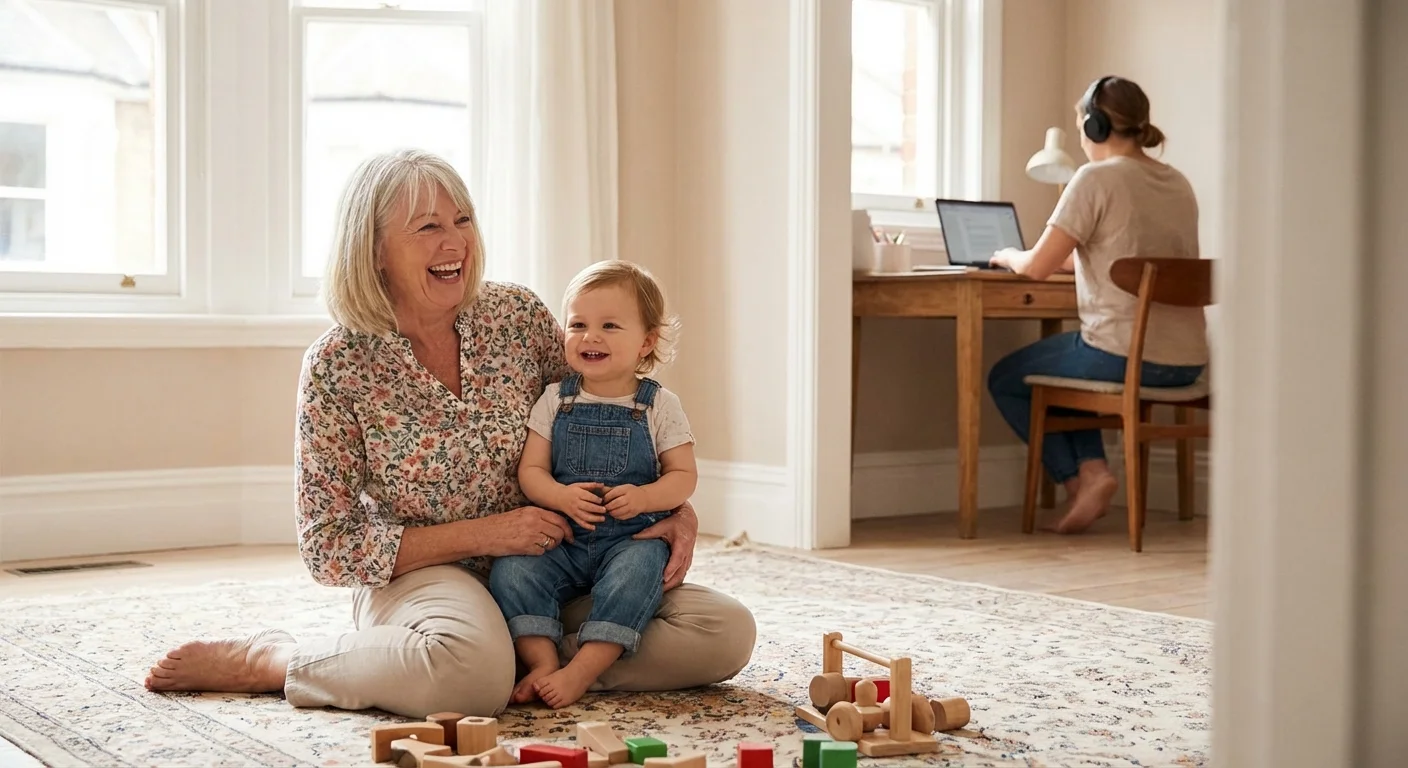 A grandmother babysitting her grandchild while her daughter works in the background.
