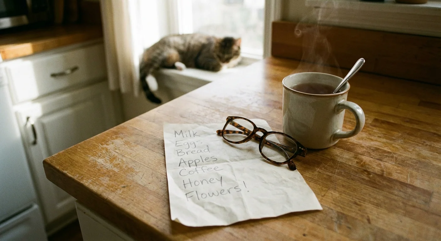 A grocery list and reading glasses on a sunlit kitchen counter.